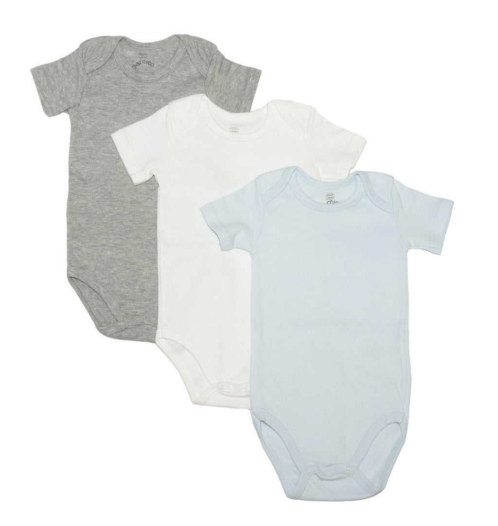 100% Cotton Baby Bodysuits - 3 Pack  Soft Newborn Baby Short Sleeve Vests 0-12 Months Blue White Grey