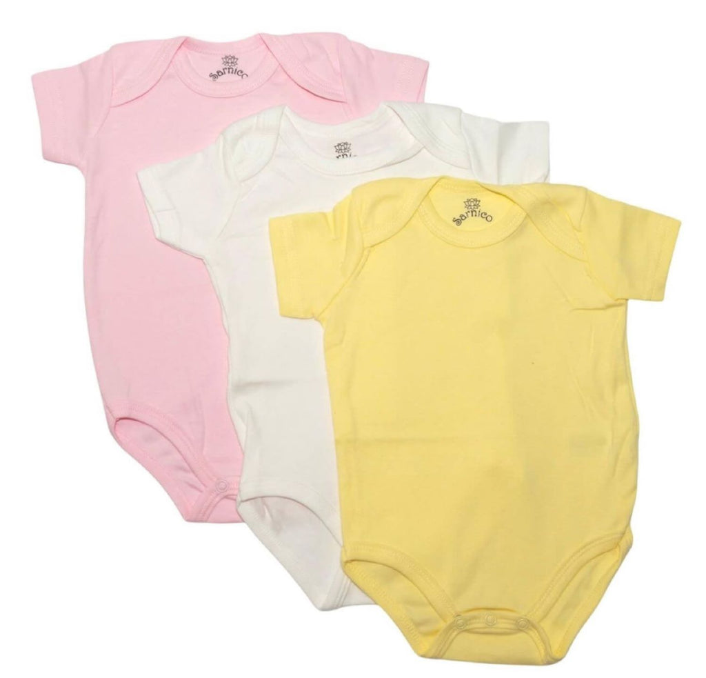 100% Cotton Baby Bodysuits - 3 Pack Soft Newborn Baby Short Sleeve Vests 0-12 Months White Pink Yellow