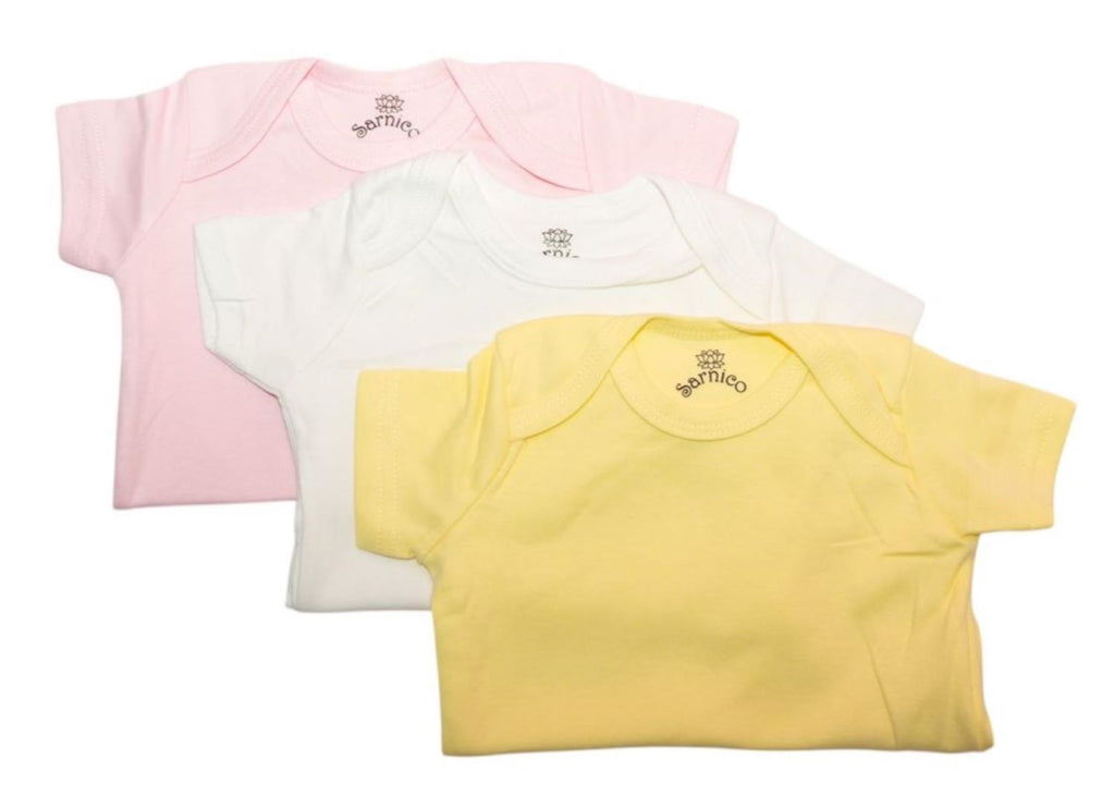 100% Cotton Baby Bodysuits - 3 Pack Soft Newborn Baby Short Sleeve Vests 0-12 Months White Pink Yellow